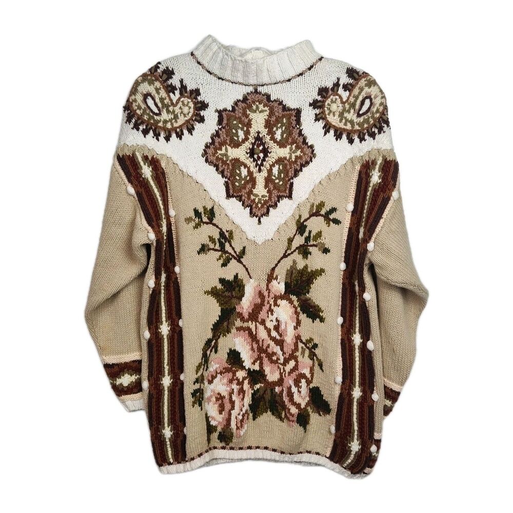 Jennifer Reed Sweater Women's L Multicolor Floral Pattern Knitted by Hand